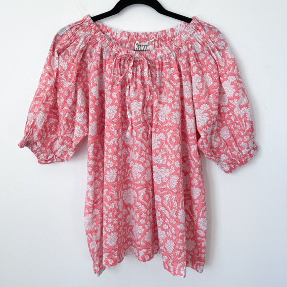 SZ BlockPrints x J.Crew Pink Nila Floral Gathered Top Puff Sleeve Womens Small - Picture 1 of 10